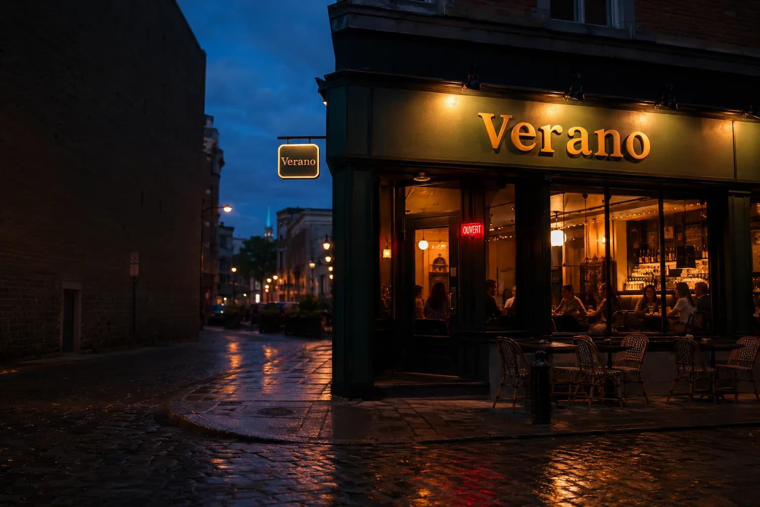 Illuminated 3D restaurant sign at night — custom signage built in Montreal by Signs and All