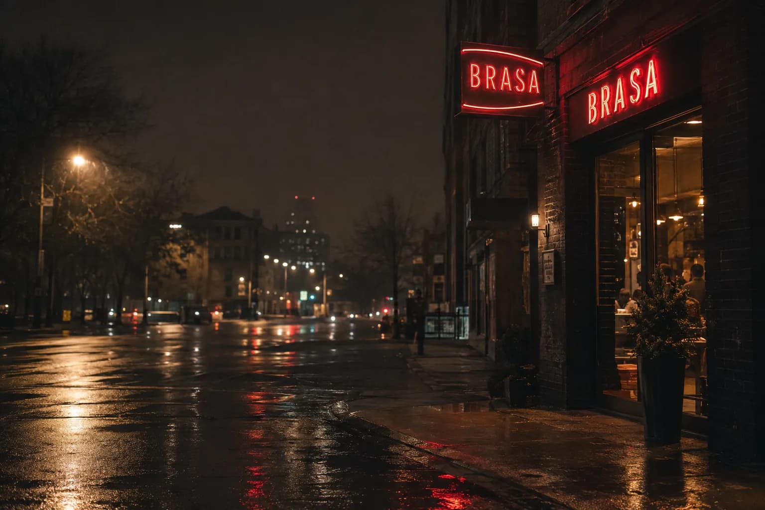 Restaurant Signs in Montreal — illuminated restaurant signs at night in Montreal