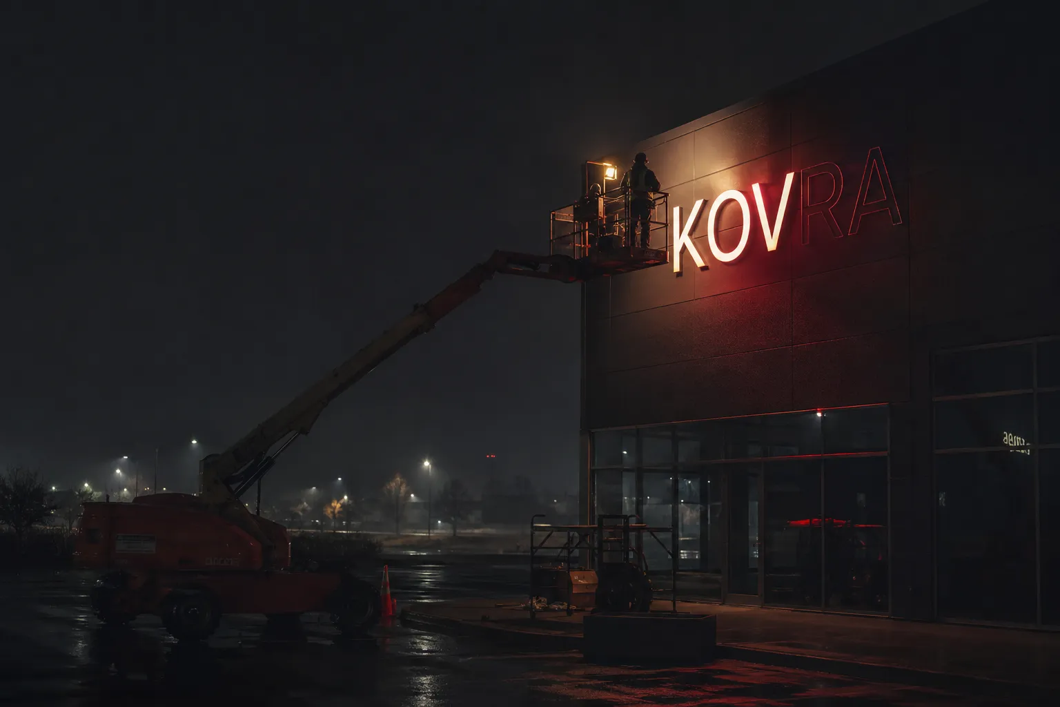 Sign Installation in Montreal — illuminated sign installation at night in Montreal