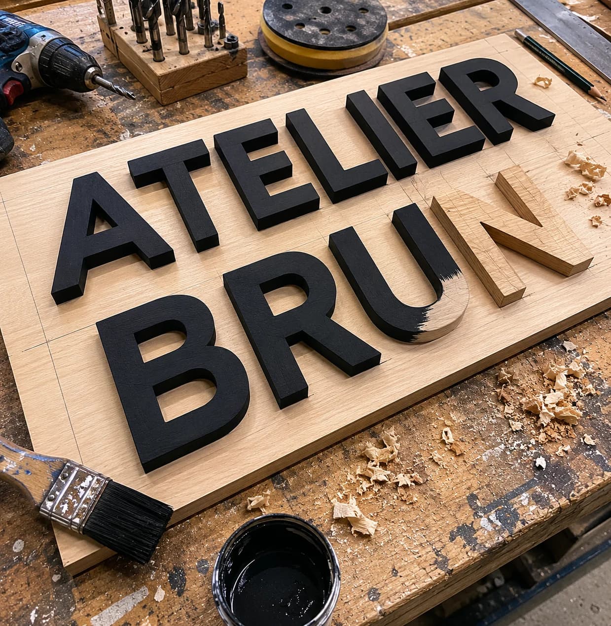 Lettres en bois routées en cours de finition